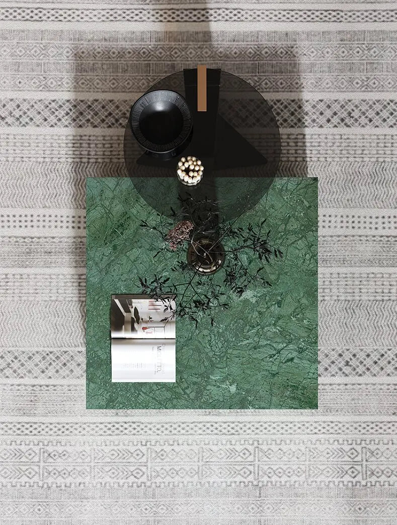 The Emerald Monolith: Indian Green Marble & Smoked Glass Coffee Table Set