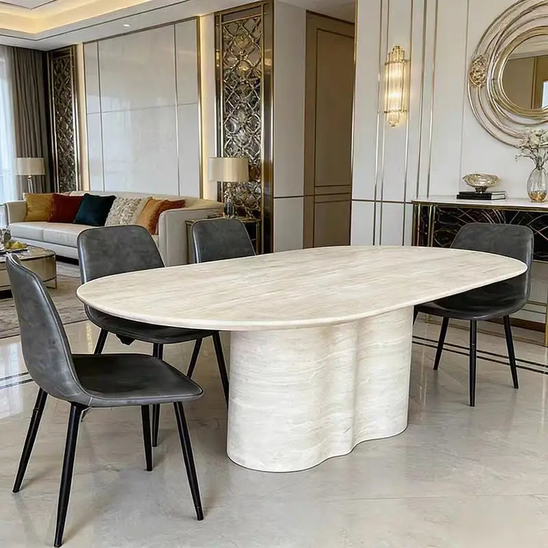 The Ethereal Plateau: Imported Natural Travertine Oval Dining Table