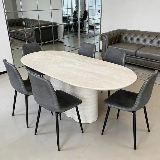 The Ethereal Plateau: Imported Natural Travertine Oval Dining Table