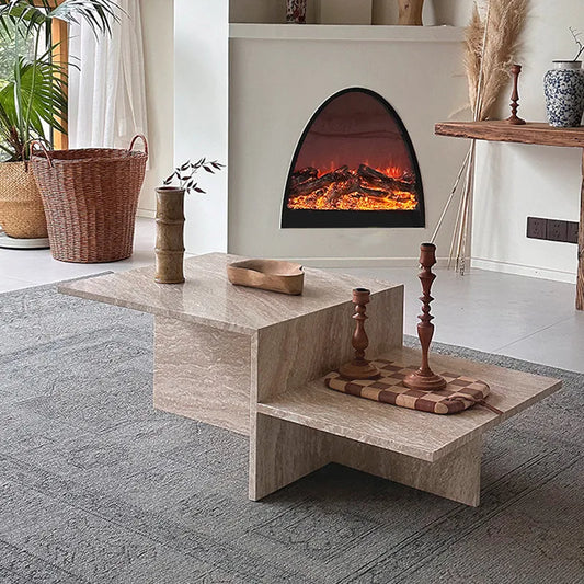 Classic Stepped Travertine Coffee Table - Dual-Level Architectural Block