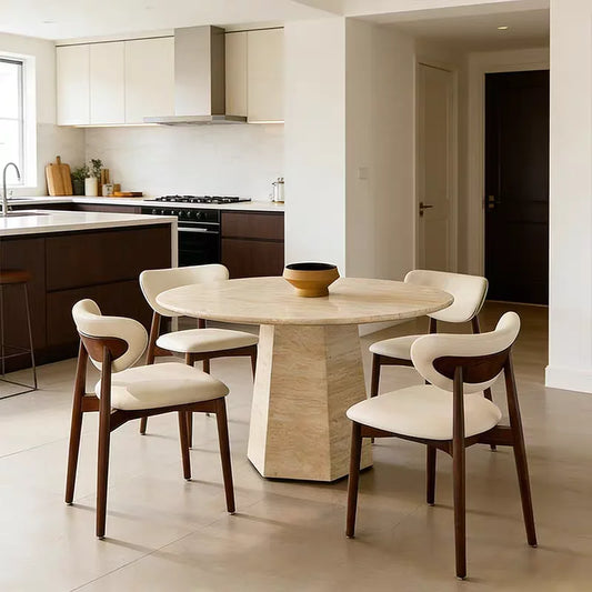The Aurelian Round: French-Style Natural Travertine Dining Table - Natural Travertine Stone Furniture - Monolithic Design - One Stone One Picture - Luxury Marble Home (View 1)