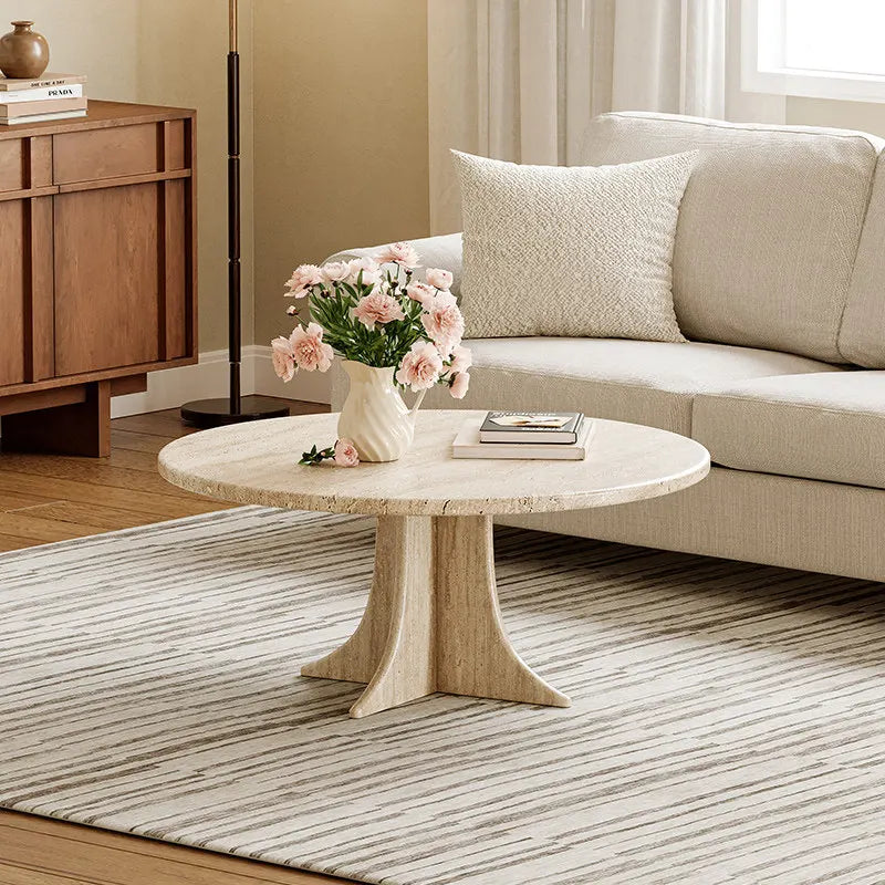 Artisan Round Natural Travertine Coffee Table - Sculptural Pedestal Monolith