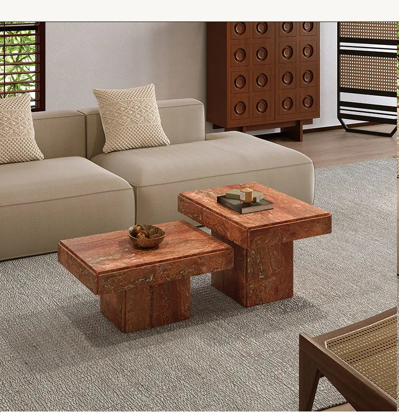 Classic Plinth Red Travertine Coffee Table - Monolithic Nesting Block