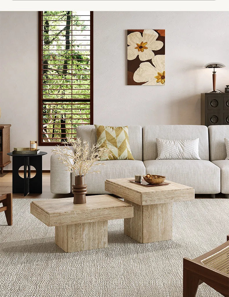 Classic Plinth Travertine Coffee Table - Monolithic Nesting Block