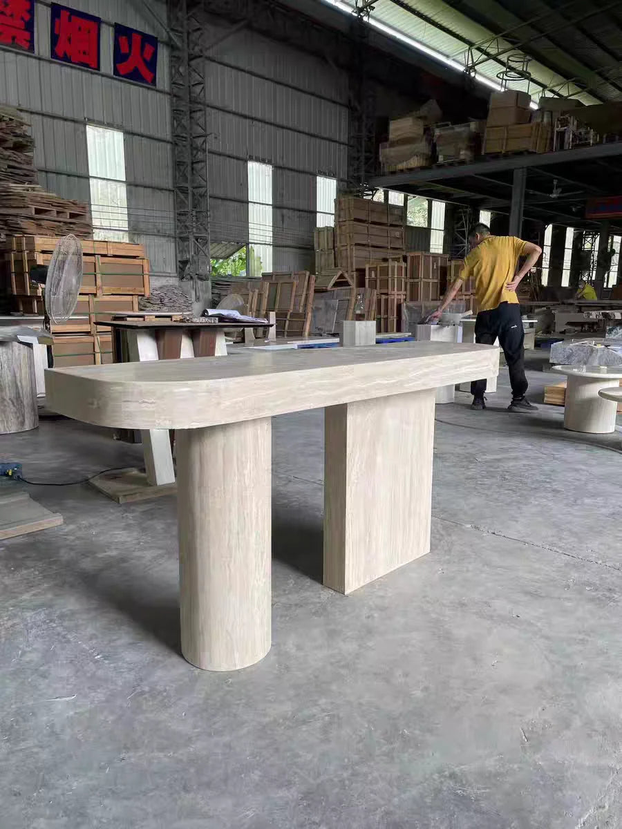 The Asymmetric Monolith: Architectural Travertine Console Table