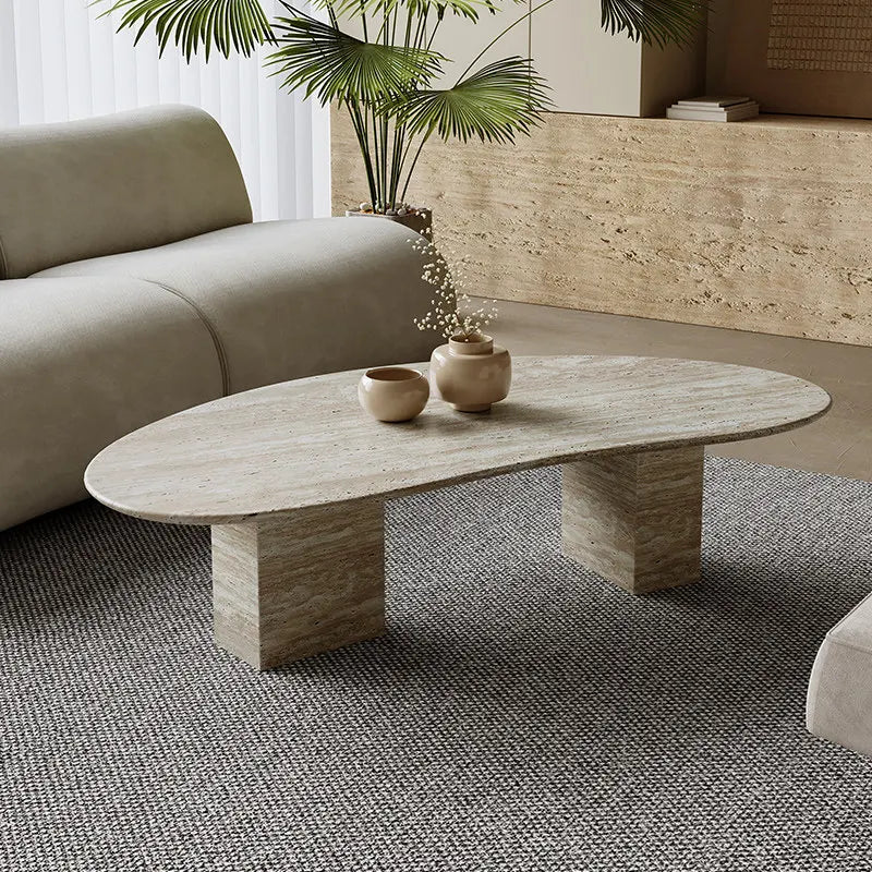 Classic Kidney-Shape Travertine Coffee Table - Dual Plinth Blocks