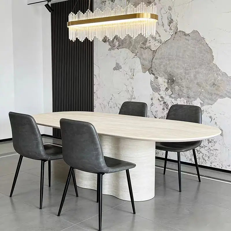 The Ethereal Plateau: Imported Natural Travertine Oval Dining Table