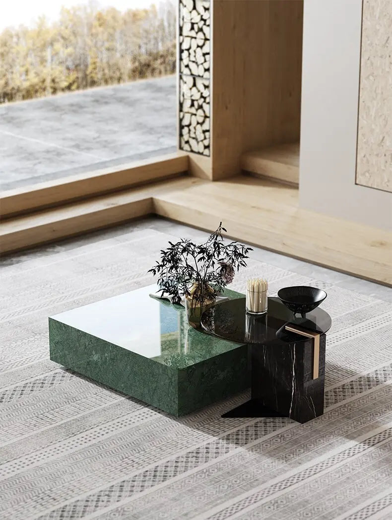 The Emerald Monolith: Indian Green Marble & Smoked Glass Coffee Table Set