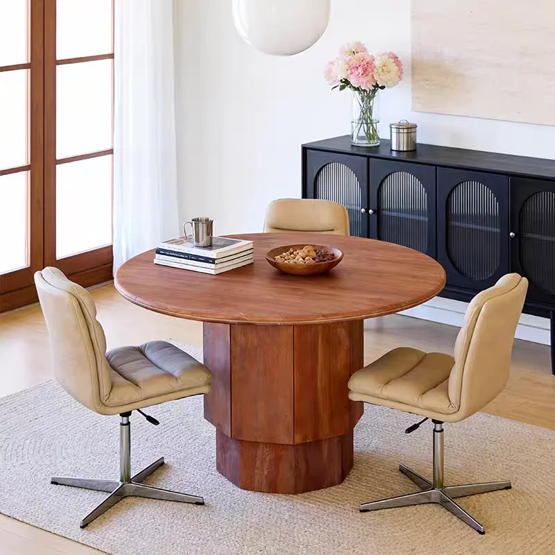 The Crimson Monolith: Imported Natural Red Travertine Round Dining Table - Natural Travertine Stone Furniture - Monolithic Design - One Stone One Picture - Luxury Marble Home (View 2)