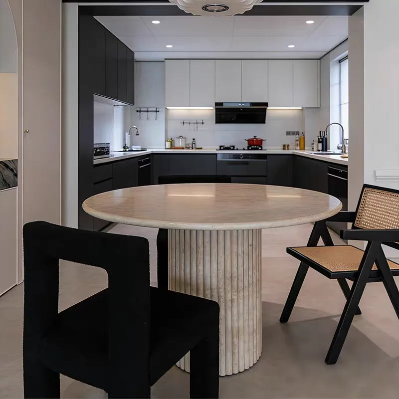 The Pillar Round: Minimalist Fluted Travertine Dining Table - Natural Travertine Stone Furniture - Monolithic Design - One Stone One Picture - Luxury Marble Home (View 3)