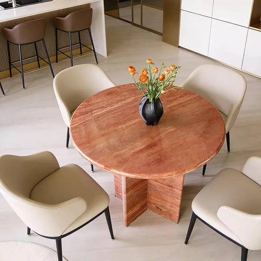 The Ruby Meridian: Natural Red Travertine Cross-Base Dining Table - Natural Travertine Stone Furniture - Monolithic Design - One Stone One Picture - Luxury Marble Home (View 1)