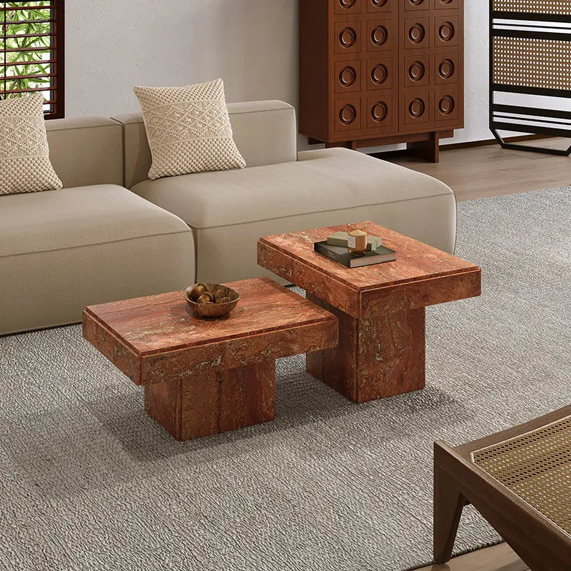Classic Plinth Red Travertine Coffee Table - Monolithic Nesting Block