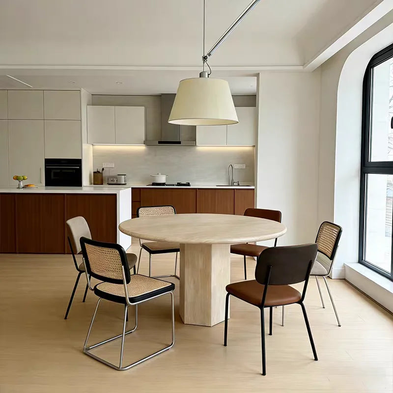 The Hexagon Pillar: Natural Travertine Monolithic Round Dining Table