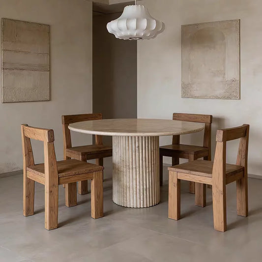 The Pillar Round: Minimalist Fluted Travertine Dining Table - Natural Travertine Stone Furniture - Monolithic Design - One Stone One Picture - Luxury Marble Home (View 1)