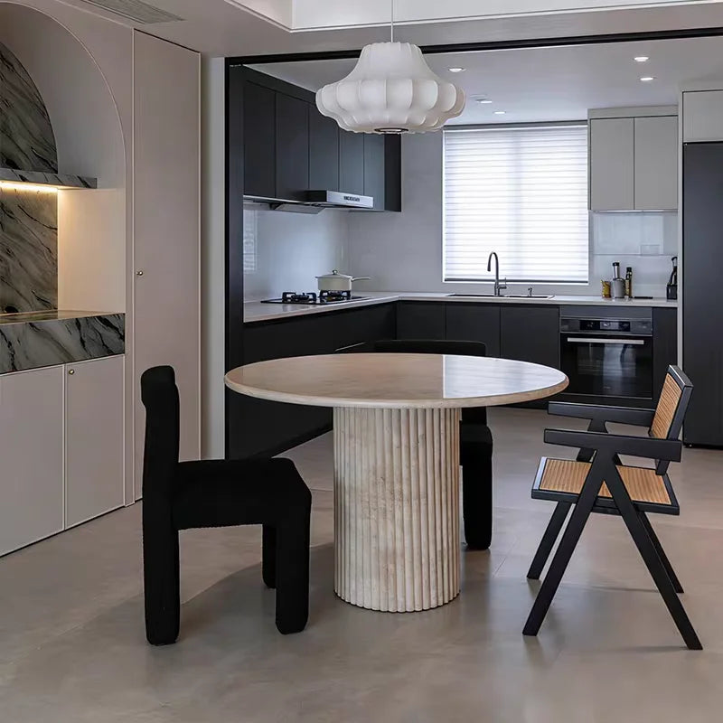 The Pillar Round: Minimalist Fluted Travertine Dining Table - Natural Travertine Stone Furniture - Monolithic Design - One Stone One Picture - Luxury Marble Home (View 2)