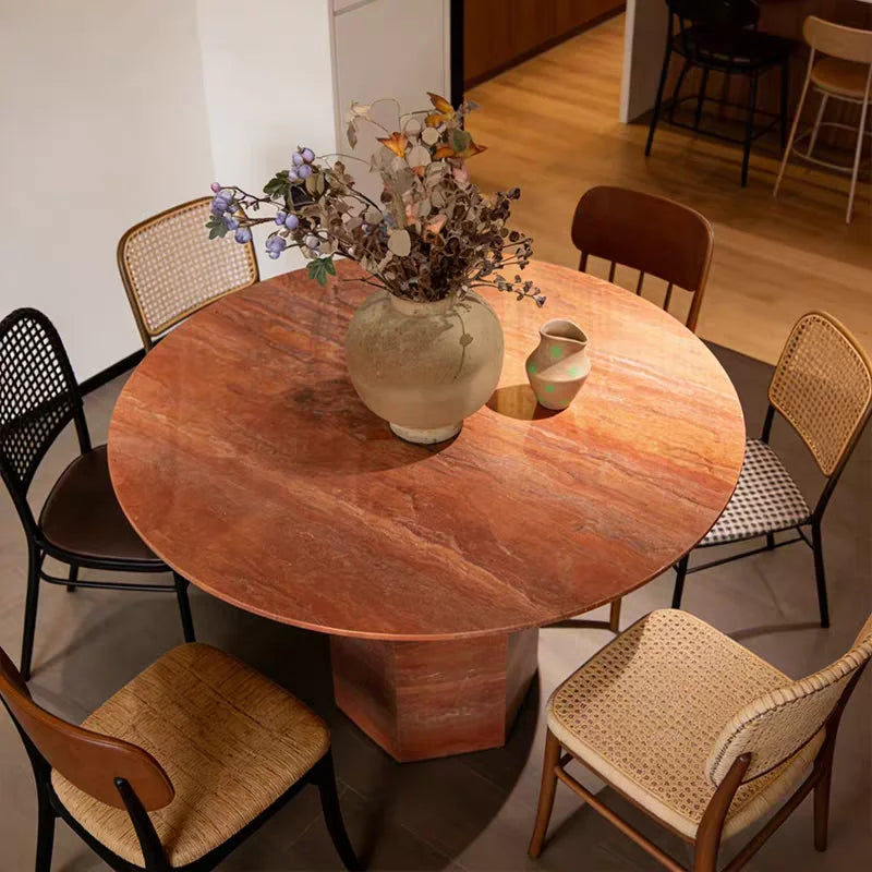 The Ruby Hexagon: Natural Red Travertine Round Dining Table - Natural Travertine Stone Furniture - Monolithic Design - One Stone One Picture - Luxury Marble Home (View 6)
