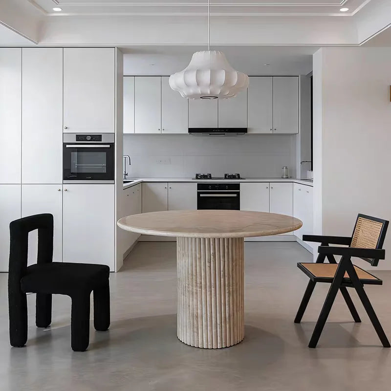 The Pillar Round: Minimalist Fluted Travertine Dining Table - Natural Travertine Stone Furniture - Monolithic Design - One Stone One Picture - Luxury Marble Home (View 4)