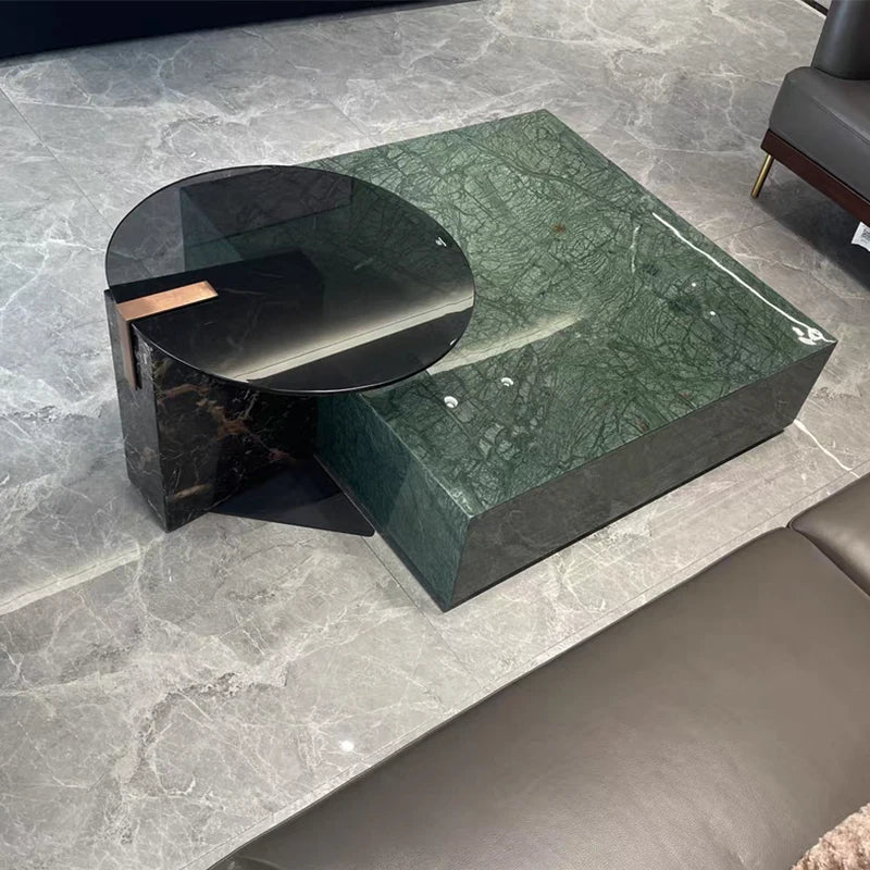 The Emerald Monolith: Indian Green Marble & Smoked Glass Coffee Table Set