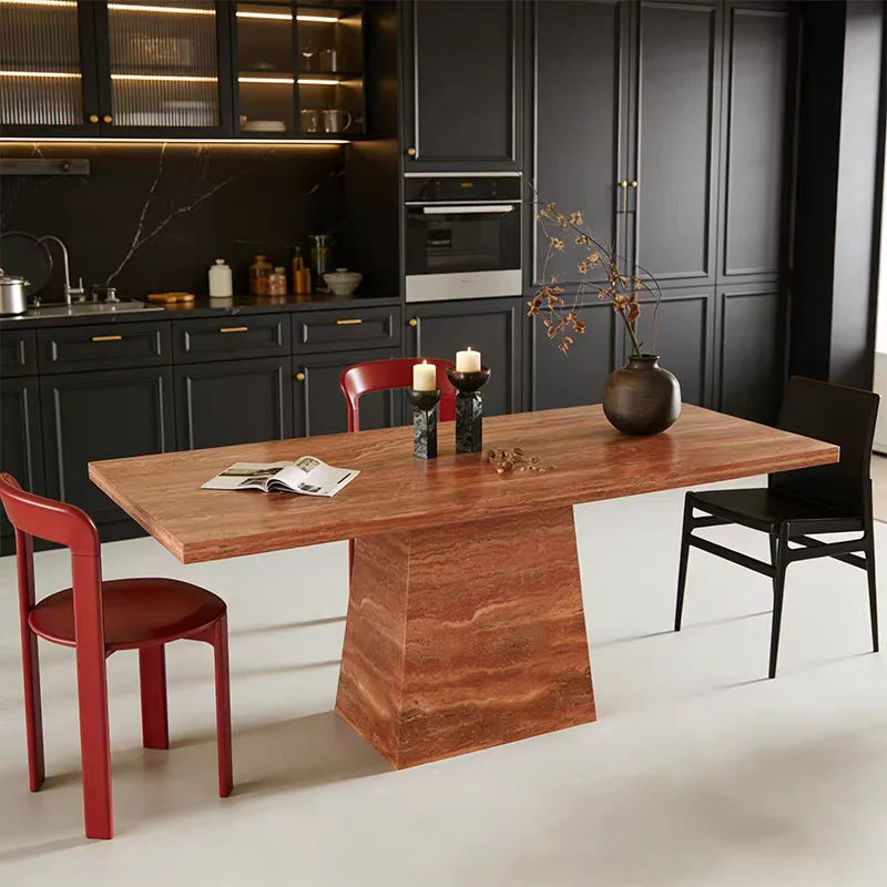 The Ruby Monolith: Rectangular Red Travertine Dining Table - Natural Travertine Stone Furniture - Monolithic Design - One Stone One Picture - Luxury Marble Home (View 1)