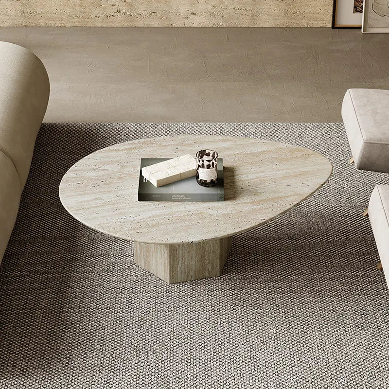Classic Organic Pebble Travertine Coffee Table - Sculptural Hexagonal Pedestal