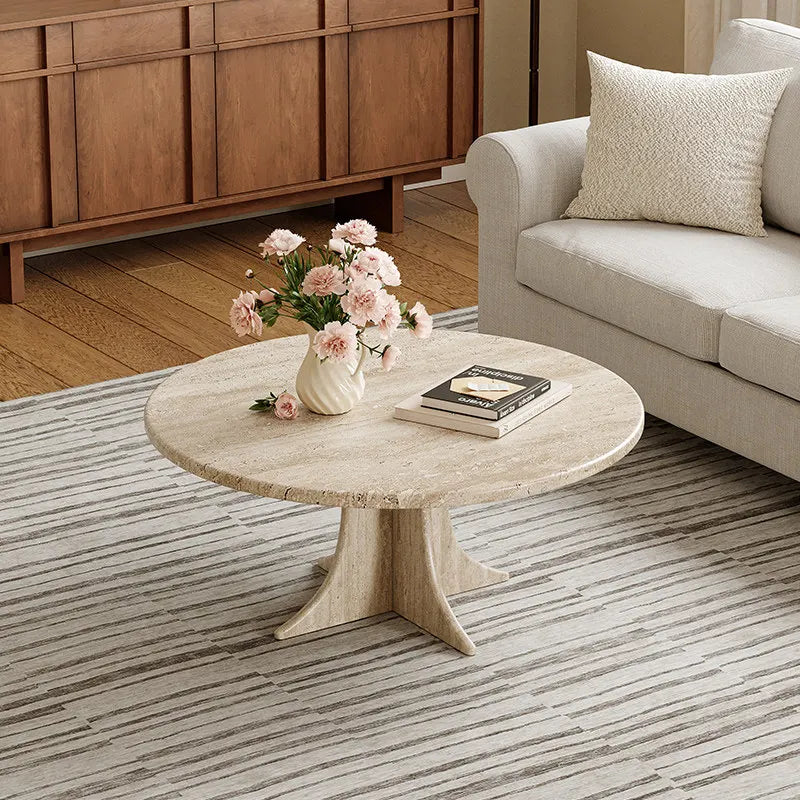 Artisan Round Natural Travertine Coffee Table - Sculptural Pedestal Monolith