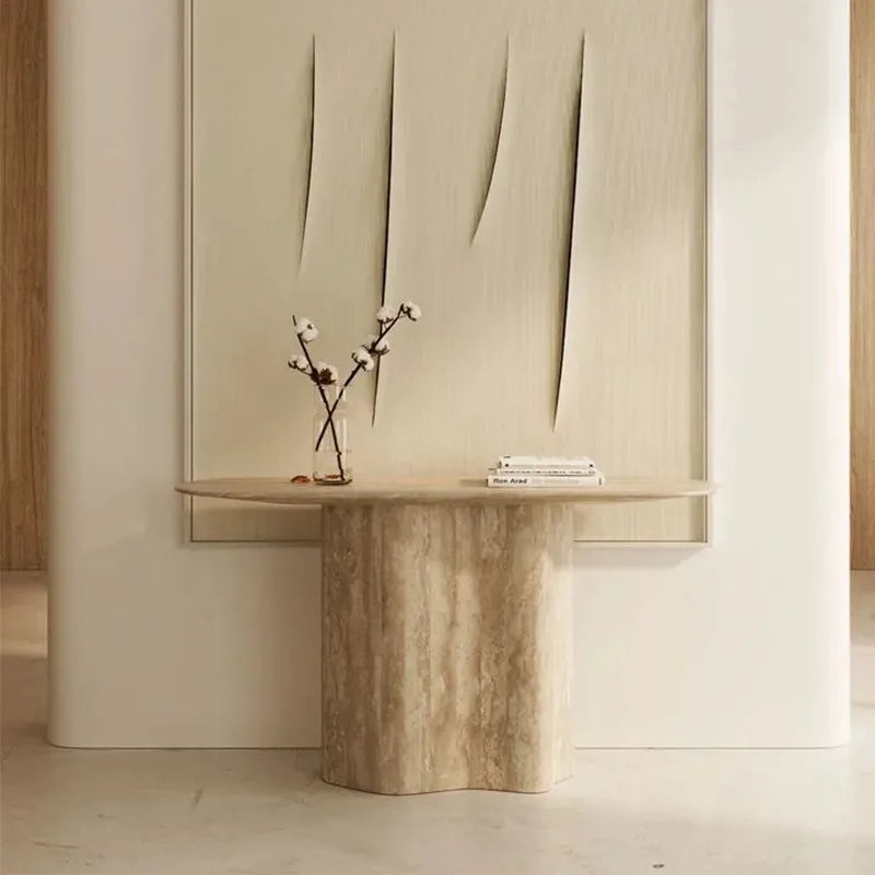 The Ethereal Anchor: Curved Natural Travertine Console Table