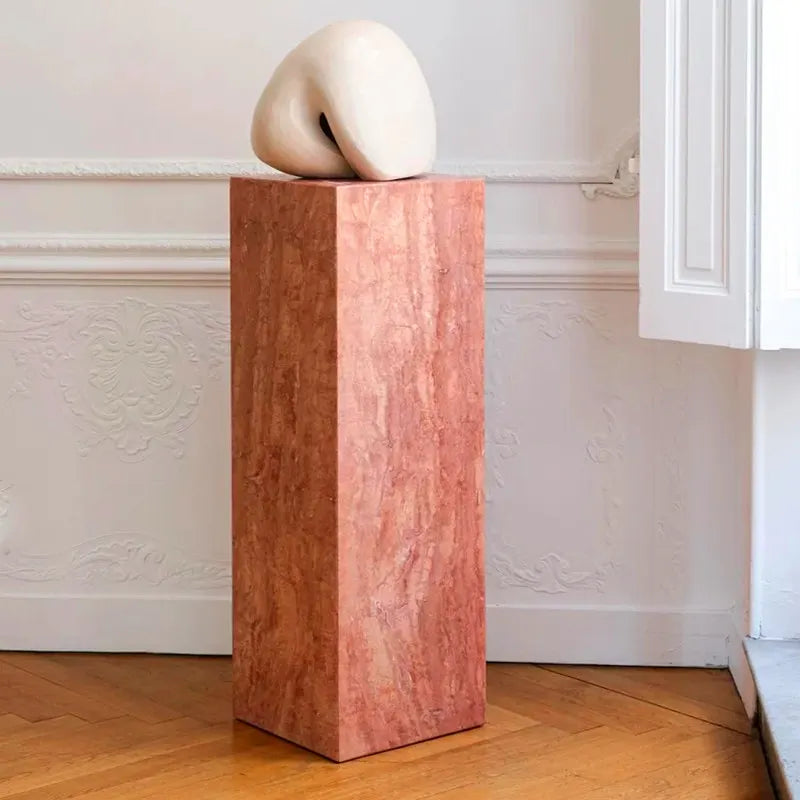 Classic Monolithic Red Travertine Pillar Pedestal / Side Table