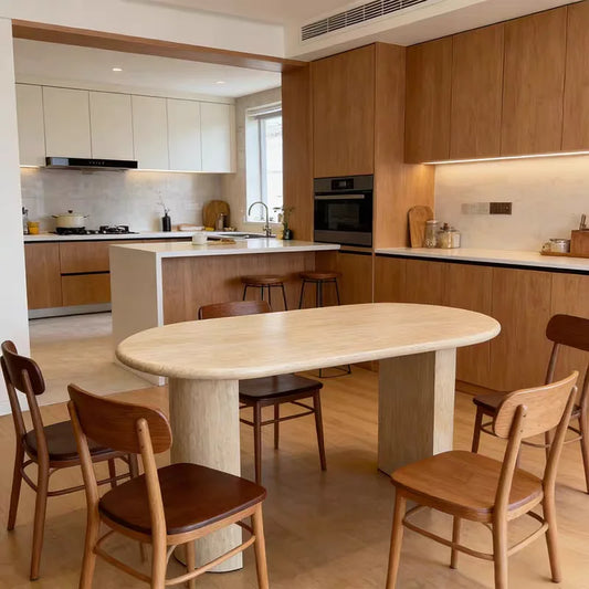 The Arcadian Oval: Imported Natural Travertine Dining Table