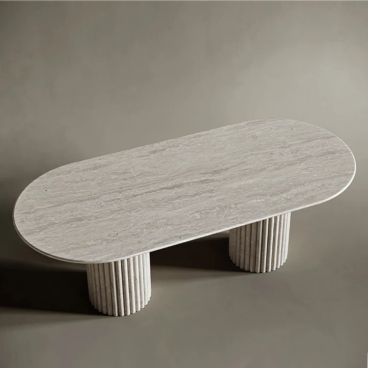 Architectural Fluted White Travertine Oval Dining Table - Monolithic Stone Collection