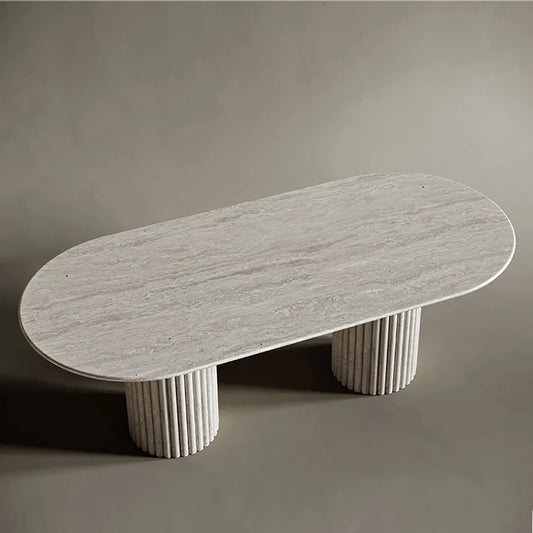 Architectural Fluted White Travertine Oval Dining Table - Monolithic Stone Collection