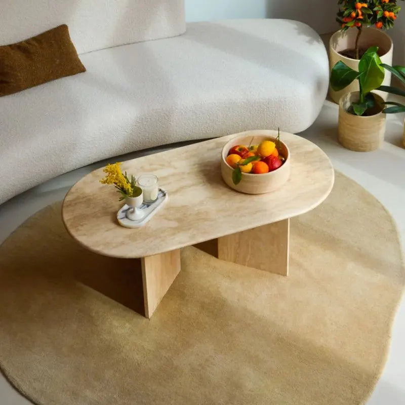 Classic Oval Travertine Coffee Table - Interlocking Architectural Pedestal