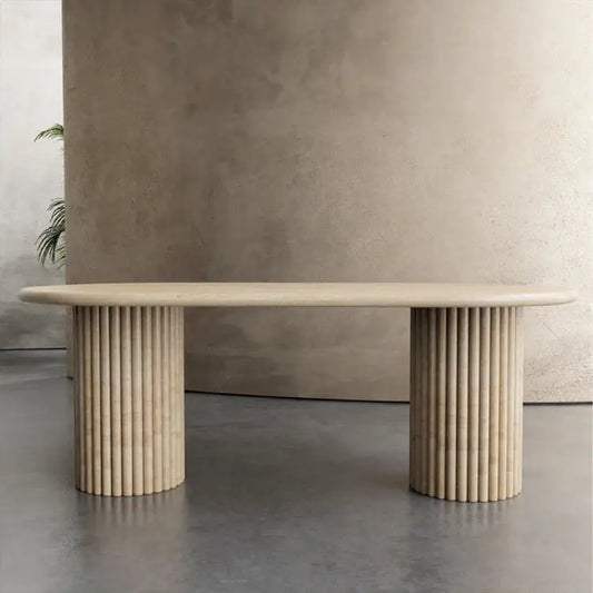 Architectural Fluted Travertine Oval Dining Table - Monolithic Stone Collection