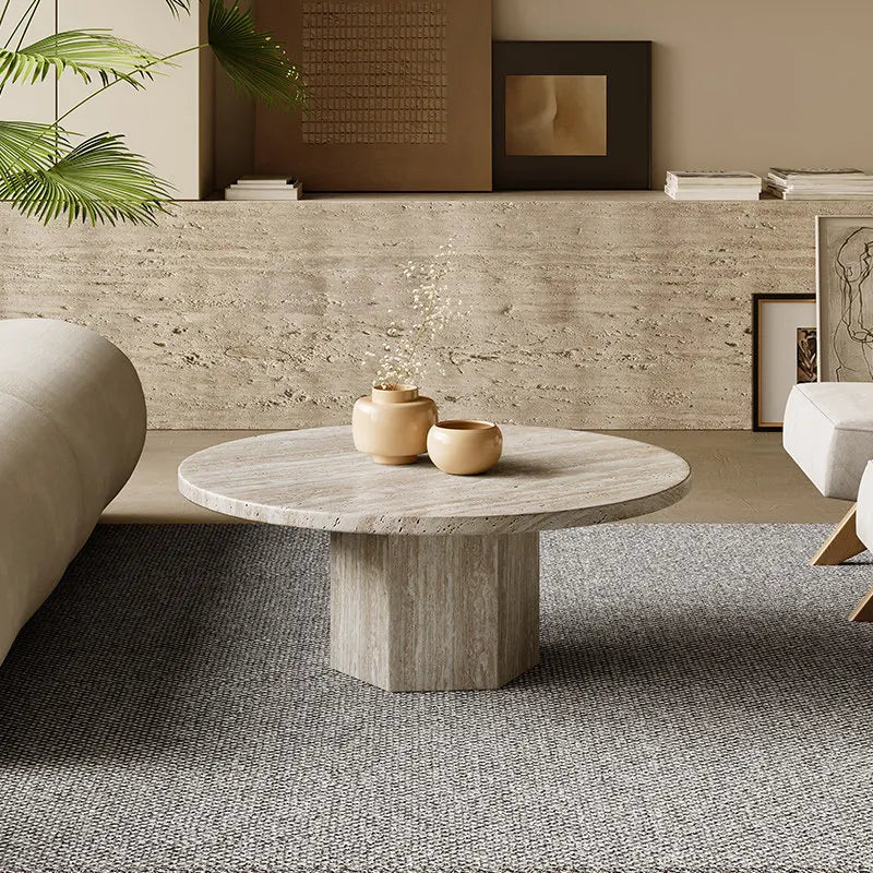 Classic Hexagonal Column Circular Travertine Table - Sculptural Plinth Series