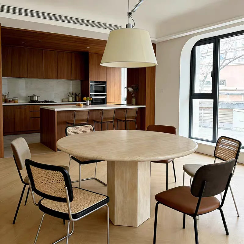 The Hexagon Pillar: Natural Travertine Monolithic Round Dining Table