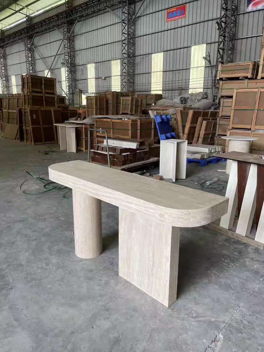 The Asymmetric Monolith: Architectural Travertine Console Table