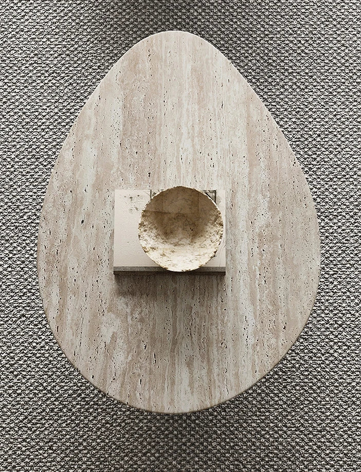 Classic Organic Pebble Travertine Coffee Table - Sculptural Hexagonal Pedestal