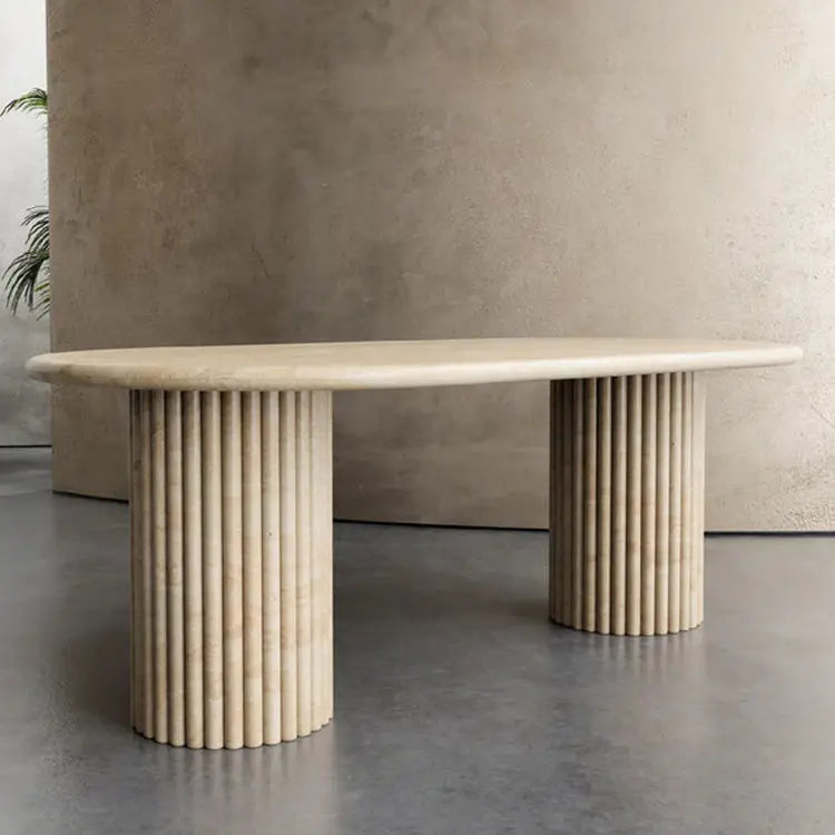 Architectural Fluted Travertine Oval Dining Table - Monolithic Stone Collection