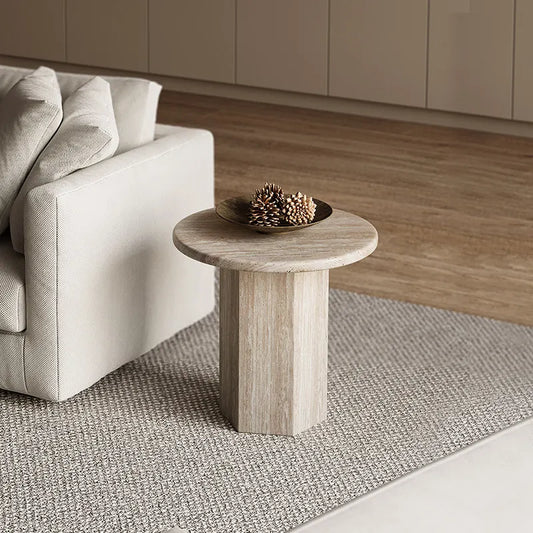 Classic Hexagonal Column Circular Travertine Table - Sculptural Plinth Series