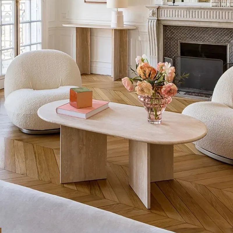Classic Oval Travertine Coffee Table - Interlocking Architectural Pedestal