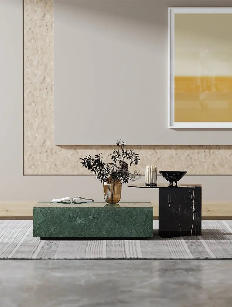 The Emerald Monolith: Indian Green Marble & Smoked Glass Coffee Table Set