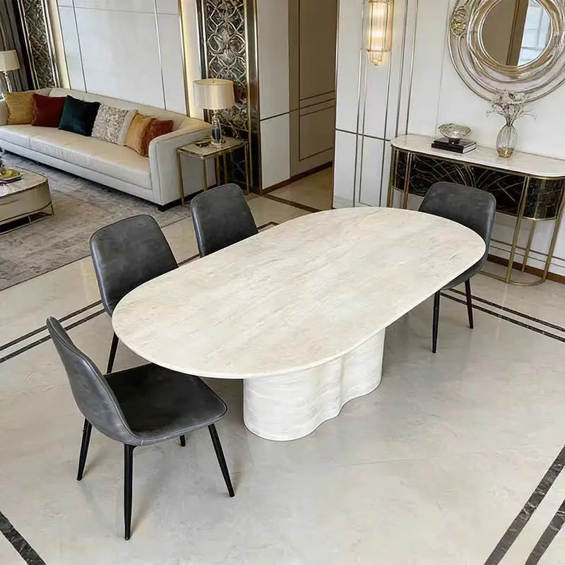 The Ethereal Plateau: Imported Natural Travertine Oval Dining Table