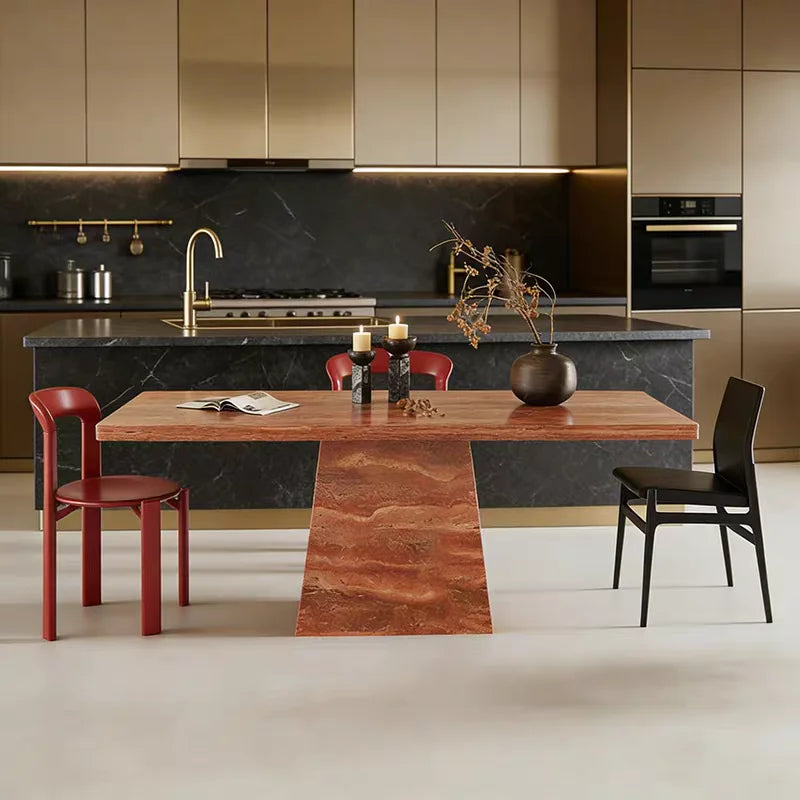 The Ruby Monolith: Rectangular Red Travertine Dining Table - Natural Travertine Stone Furniture - Monolithic Design - One Stone One Picture - Luxury Marble Home (View 3)