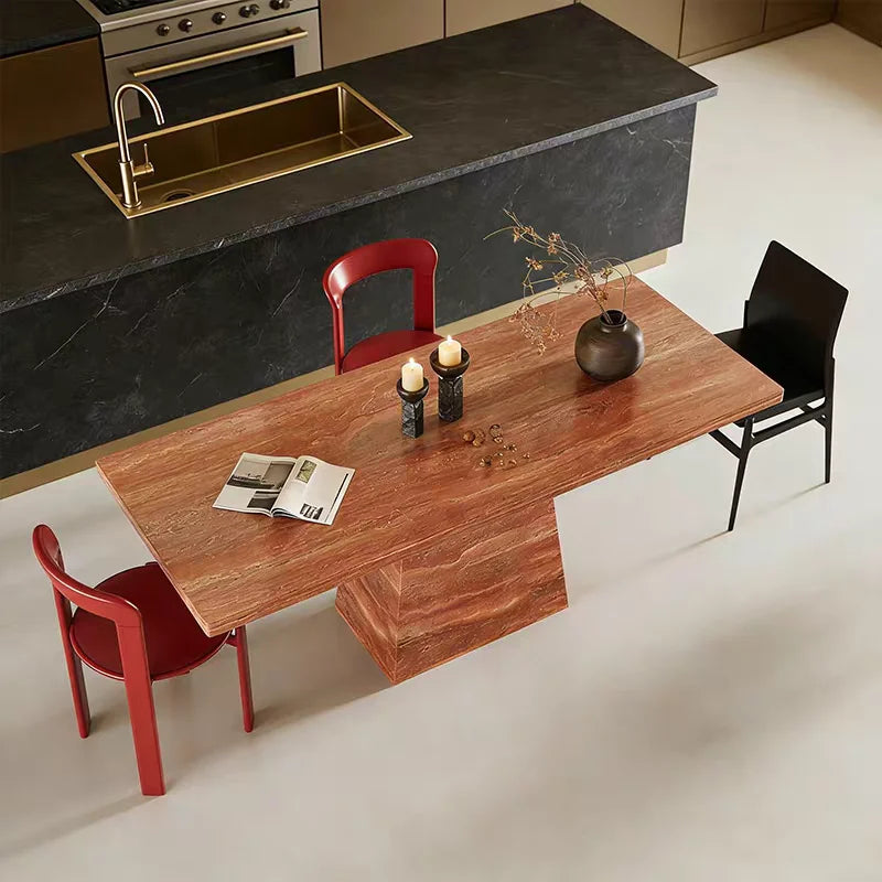 The Ruby Monolith: Rectangular Red Travertine Dining Table - Natural Travertine Stone Furniture - Monolithic Design - One Stone One Picture - Luxury Marble Home (View 2)
