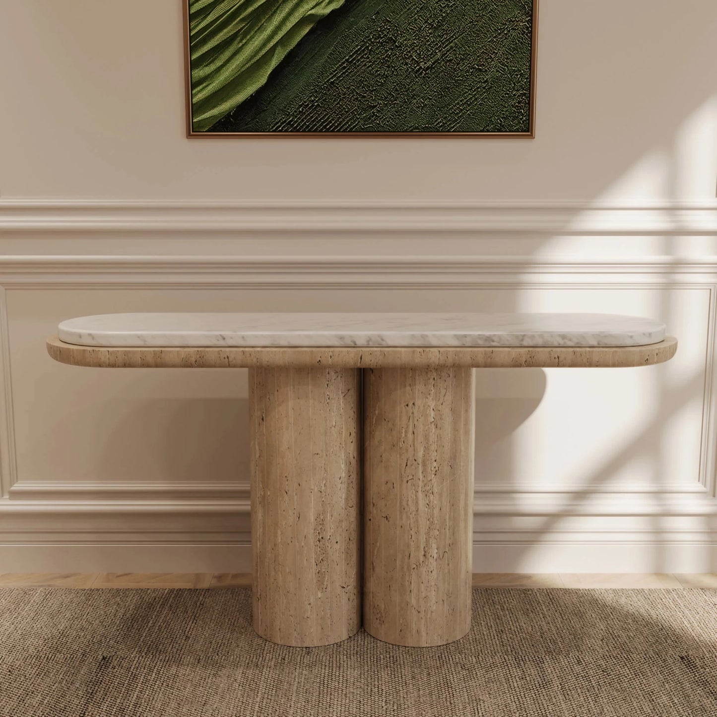 Cavallo 55 inch Mixed Material Console Table - Travertine Base & Arabescato Top - Architectural Natural Stone Furniture | LuxuryMarbleHome