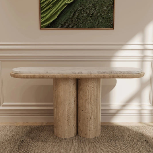 Cavallo 55 inch Mixed Material Console Table - Travertine Base & Arabescato Top - Architectural Natural Stone Furniture | LuxuryMarbleHome