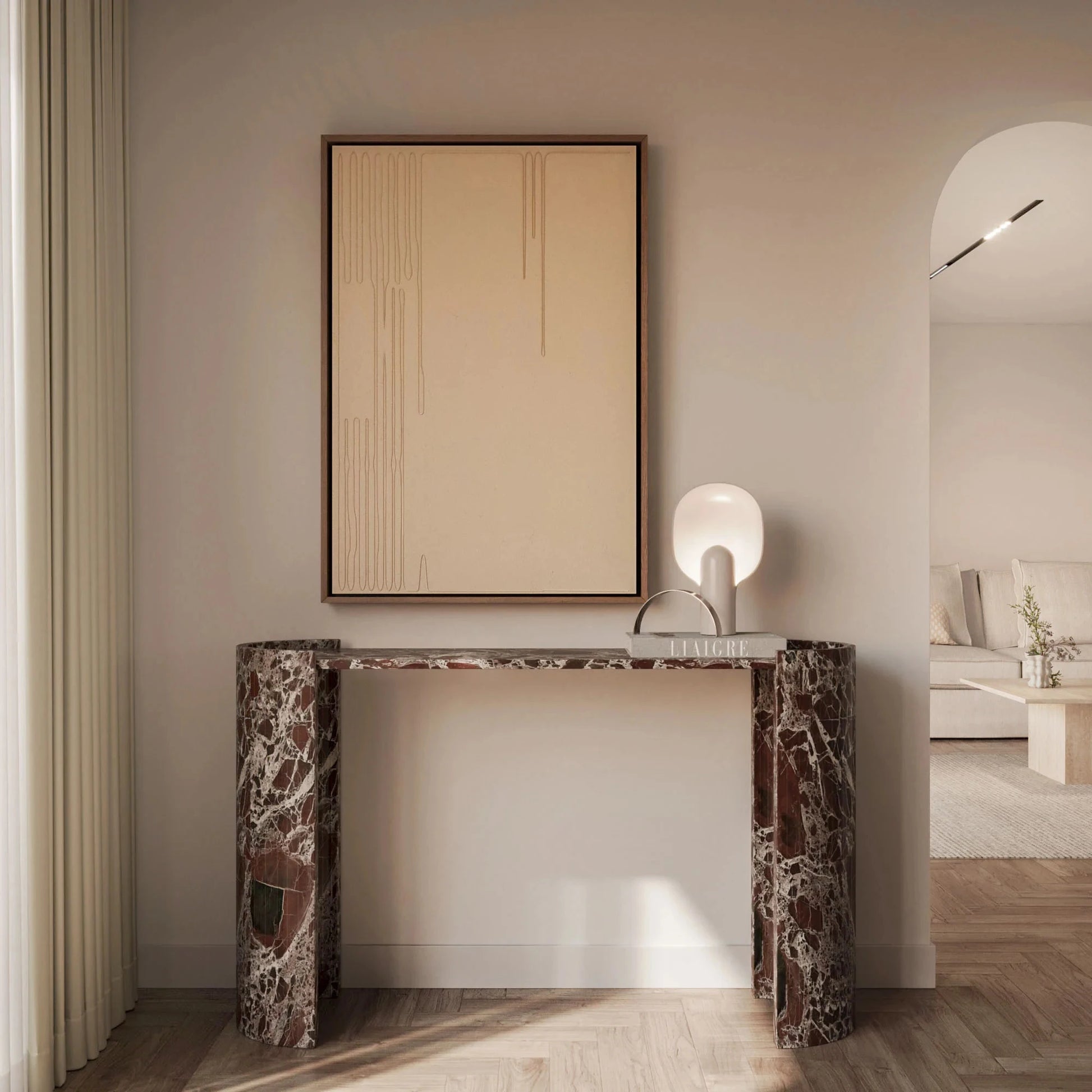 Lavia 55 inch Natural Gray Travertine Console Table - Modern Atmospheric Entryway - Architectural Natural Stone Furniture | LuxuryMarbleHome