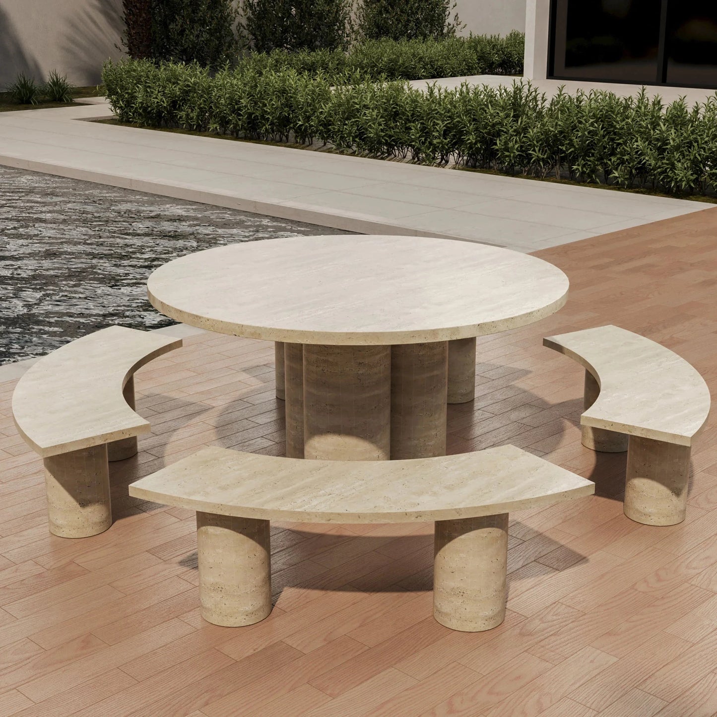 Como 71 inch All-Weather Natural Travertine Outdoor Dining Set - Architectural Natural Stone Furniture | LuxuryMarbleHome