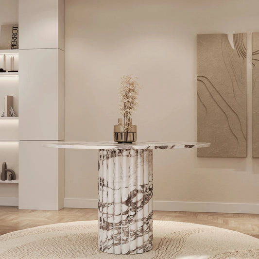 Lorenzo 51 inch Calacatta Viola Round Marble Dining Table - Sculptural Plinth Base | Worldwide Shipping Available - Architectural Natural Stone Furniture | LuxuryMarbleHome