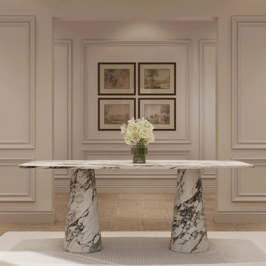 Lucas 79 inch Arabescato Curved Rectangle Dining Table - Sculptural Italian Stone - Architectural Natural Stone Furniture | LuxuryMarbleHome
