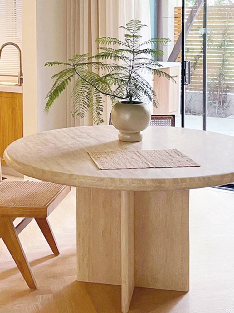 The Aurelian French Cream Travertine Round Dining Table - Luxury Natural Stone | Worldwide Shipping Available - Architectural Natural Stone Furniture | LuxuryMarbleHome